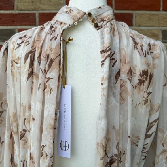 House of Harlow NWT 1960 Long Sleeve Cream Tan Floral Smocked Mini Dress 👗 - Picture 10 of 17